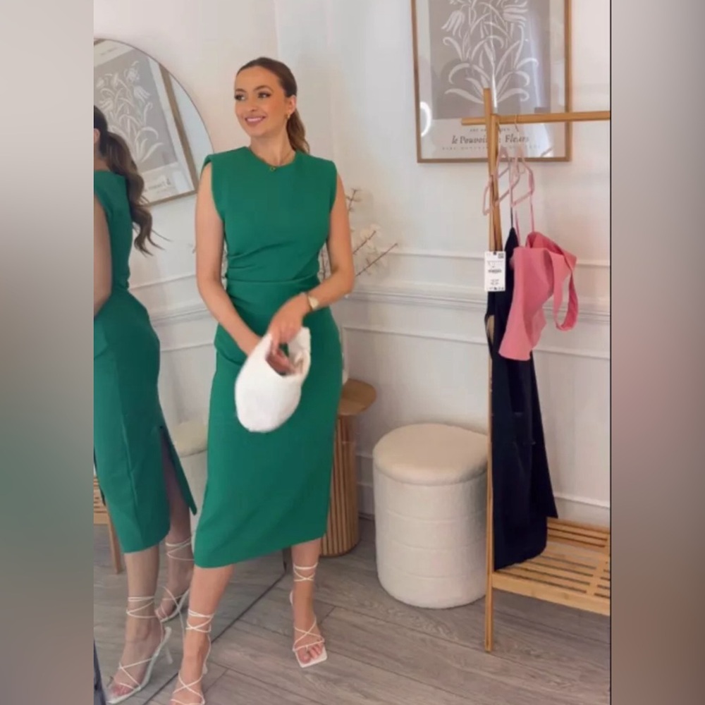 ZARA TAILORED WAIST MIDI DRESS IN GREEN - SIZE XS